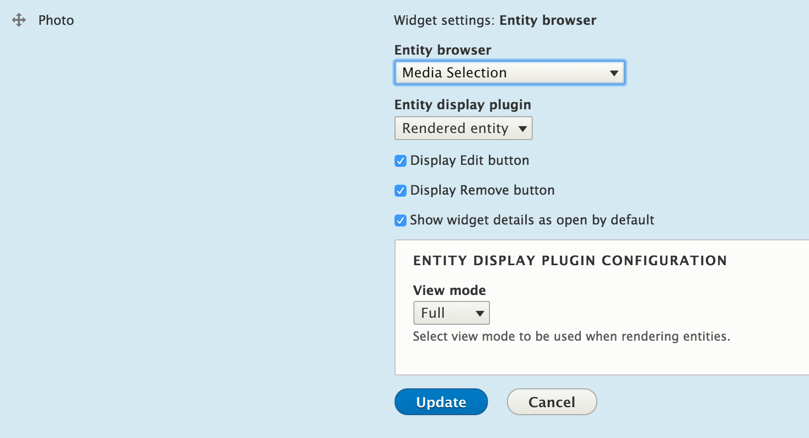 Configuration du widget Entity Browser